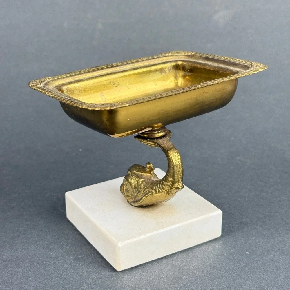Vintage Italian Brass Koi Soap Dish Marble Base Trinket Tray Made in Italy